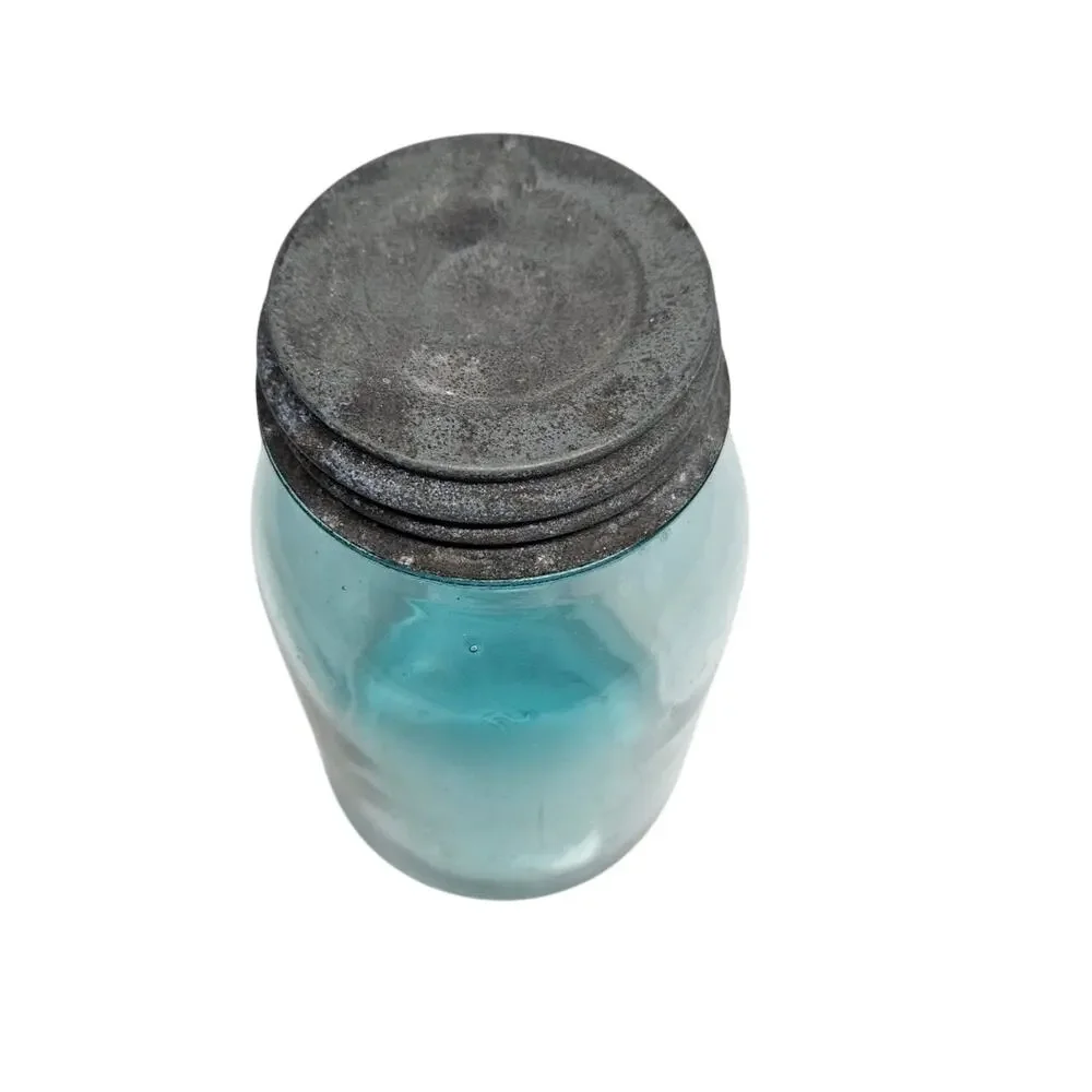 Vintage BALL PERFECT MASON Jar Aqua Blue Glass 1 Quart With Antique Zinc Lid
